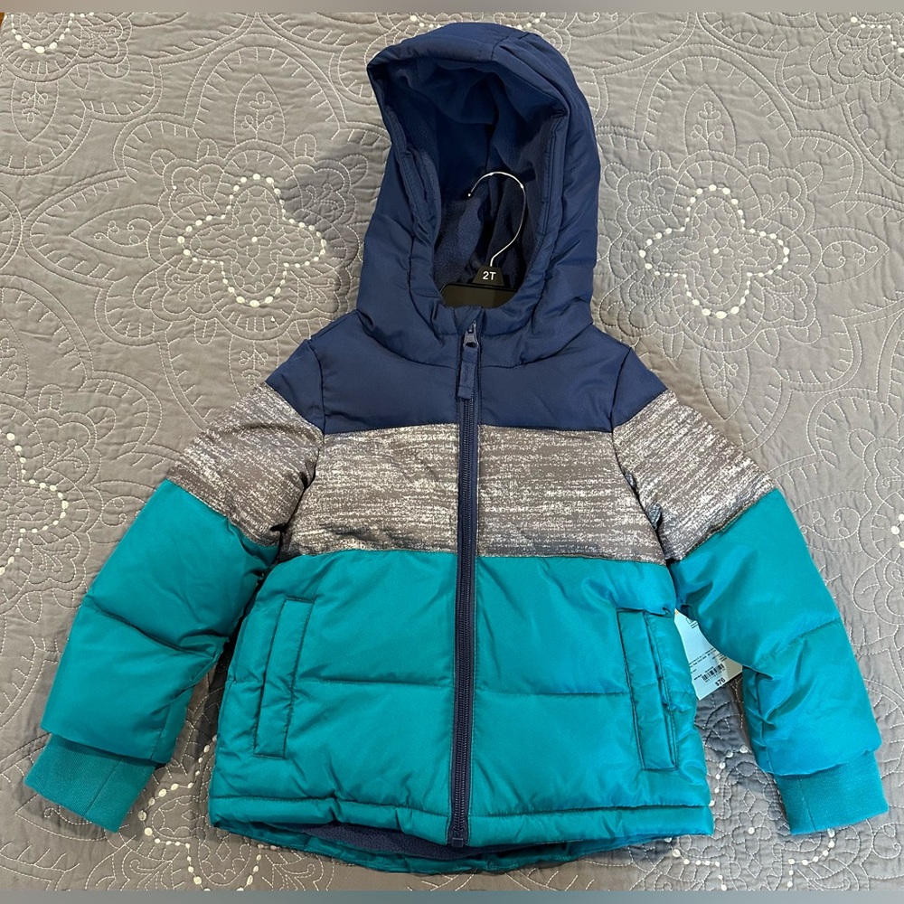 Okie Dokie Toddler Boys Navy/Gray/Teal Heavyweight Puffer Jacket NWT Siz…